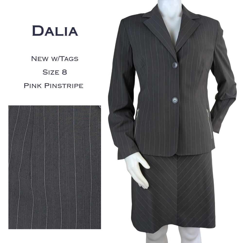 Dalia Collection Skirt Suit Set 8 Charcoal Pink Pinstripe Stretch Career NEW
